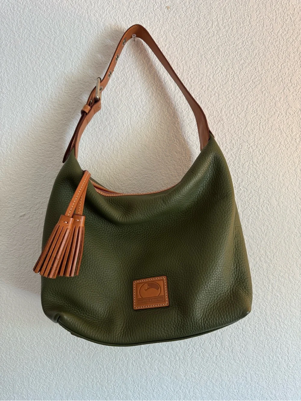 Dooney and Burke Olive Green Leather Hobo Bag with Tan Trim